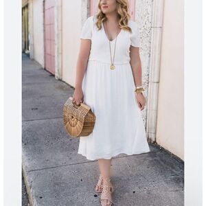 WAYF Dress Large White Blouson V-Neck Short Sleeve Pullover Lined Midi Crinkle